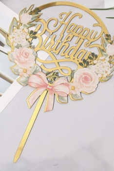 Cake Topper - Happy Birthday - Gold Roses
